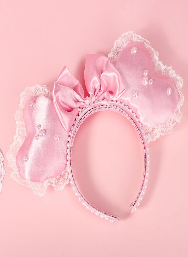 ETLUK Crush Pink Heart Coquette Ears Headband, 3D Pink Sweetheart Ears for Valentines Nite, Valentines Mouse Ears Headband with Pearl Lace Decor for Women Girls Theme Park Cosplay - Image 2